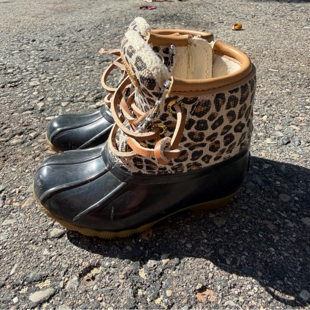 Leopard Print Sperry Boots with Black and Tan Accents